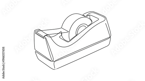 Line art illustration of a tape dispenser, embodying the concept of office organization and essential stationery. A clean, minimalist design for everyday adhesive needs