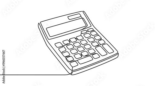 A continuous line art drawing of a modern electronic calculator, symbolizing finance, mathematics, and business calculations in a sleek, minimalist style