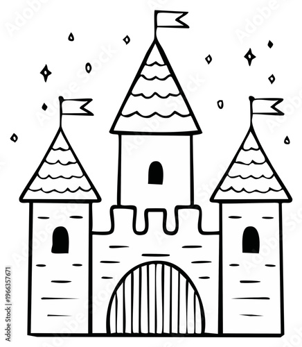 Whimsical Black and White Castle Illustration with Flags and Sparkles
