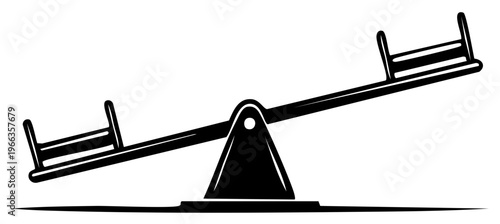 Simple black and white illustration of a playground seesaw in motion