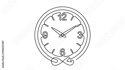 Continuous single line art drawing of a classic analog clock with an infinity symbol integrated into its design, representing endless time and perpetual motion