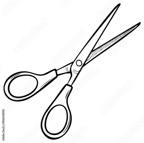 Open scissors sketch, hand drawn, for cutting or crafting isolated on white, with detailed illustration
