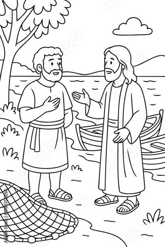 Dialogue by the Shore: A depiction of two figures engaged in a heartfelt conversation by the water, evoking a sense of solemnity and contemplation.