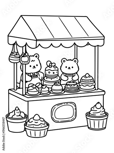 Sweet Treat Shop: Delightful cartoon bears run a charming confectionery shop, offering a delectable array of cupcakes and cakes, filled with tempting treats.
