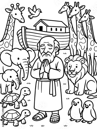 Noah's Ark: A black and white depiction of Noah praying with a menagerie of animals, the ark prominent in the background, set for a new beginning.