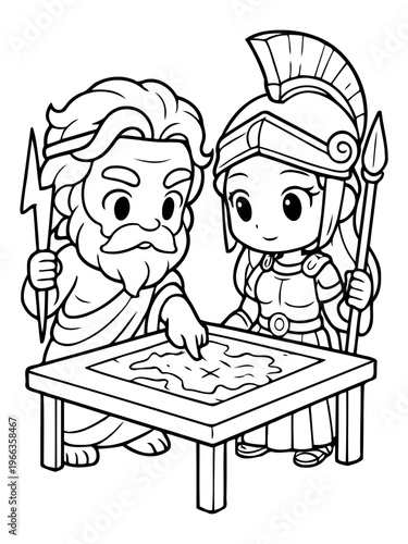 Ancient Gods Strategic Planning: Zeus and Athena, the eminent figures of ancient Greece, are deeply engaged in planning, studying a map together.