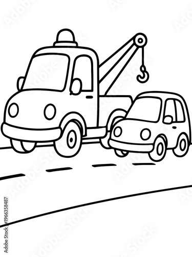 Roadside Assistance Illustration: A cartoon depiction of a tow truck assisting a small vehicle on the road, depicting the concept of roadside assistance and support. 