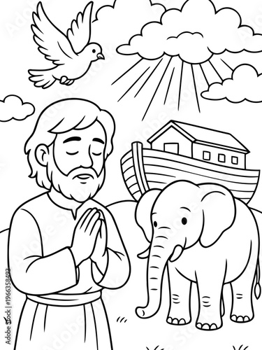 Noah's Ark: A peaceful scene unfolds, depicting a man with folded hands, a dove, and an ark with an elephant, representing faith and guidance in a moment of tranquility.