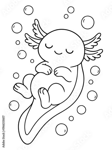 Sleeping Axolotl: A charming illustration of an axolotl, a unique aquatic salamander, drifting serenely among floating bubbles. This artwork captures the peaceful essence of this fascinating creature.