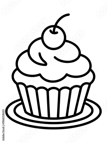 Cupcake Delight: A delightful cupcake, adorned with a luscious swirl of frosting and a vibrant cherry on top, rests elegantly on a plate, a sweet treat for any occasion.