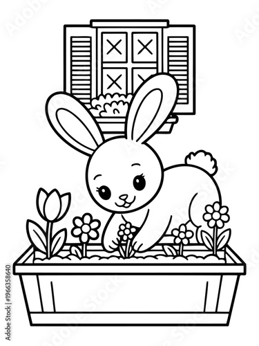 Bunny's Garden: A charming cartoon depiction of a bunny tending to its flower garden, set against a window backdrop, capturing the innocence of springtime.