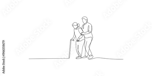 Continuous line drawing of a young man supporting an elderly woman with a walking stick