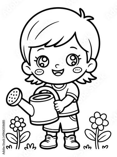 Little Gardener's Joy: An outlined image of a child watering a flower, radiating the purity of life with a cheerful expression and a water can. 