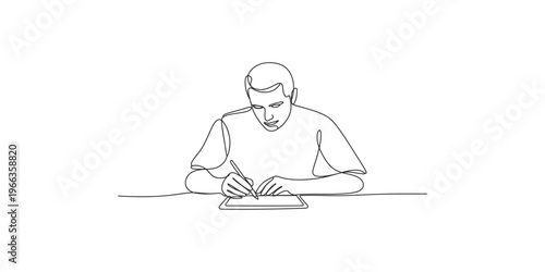 Man drawing on a digital tablet with a stylus in a simple line art style