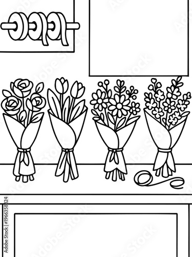 Floral Elegance: Four vibrant bouquets, each a unique arrangement of flowers, sit gracefully, waiting to bring joy to the recipients. A classic symbol of beauty and celebration.