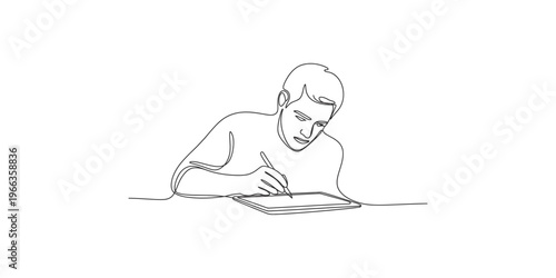 Man sitting at a table drawing on a tablet with a stylus person adult male
