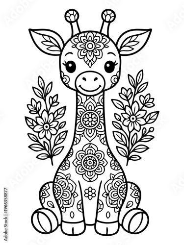Whimsical Giraffe Illustration: An enchanting giraffe illustration, adorned with intricate floral and mandala patterns, embodying charm and artistic flair. 