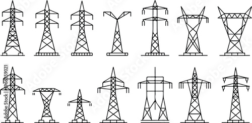 Flat vector set of 15 power and electricity towers showing crossbeams, diagonal supports, and structural details clean modern line art design