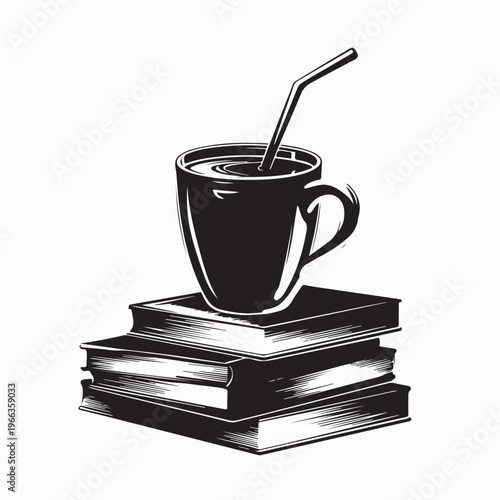 Drink Glass With Straw On Stack Of Books Silhouette Vector