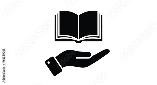 This clean black and white vector graphic illustration presents an open book hovering above a welcoming outstretched hand, symbolizing the profound concepts of education and shared knowledge.