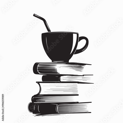 Minimalist Beverage Cup On Book Pile Creative Silhouette Logo