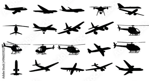 Suitable for aviation or transportationthemed designs, featuring clear airplane and helicopter silhouettes. Perfect for travel brochures or aircraftrelated marketing materials.