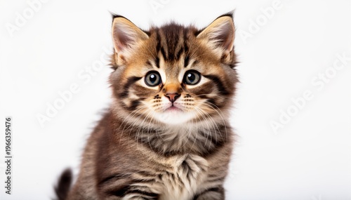 Adorable kitten looking directly: A captivating kitten with striking eyes and a soft, striped coat gazes intently at the viewer. Capturing the pure charm of this feline friend.