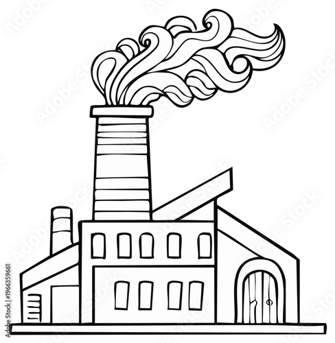 Industrial factory with smokestack emitting smoke, architectural drawing, line art