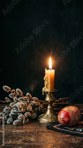 burning wax candle in a candlestick stands on a wooden table next to a red easter egg with an ornament and fluffy willow branches on a dark atmospheric background.