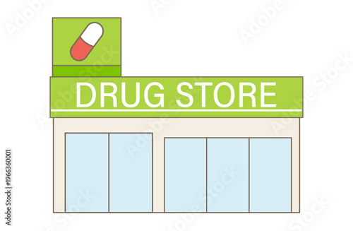 黄緑と緑の看板のドラッグストアフラットイラスト｜シンプルで清潔感のある店舗外観