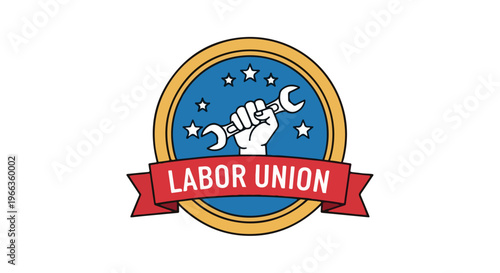 A circular Labor Union logo with a raised fist and stars on a blue background with a red banner.