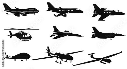 Silhouettes of aircraft in various forms like planes, helicopters, and drones. Perfect for aviationthemed designs, posters, and digital media.