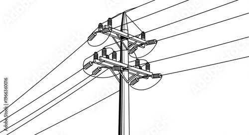Detailed Line Art of a Power Pole with Insulators and Wires.