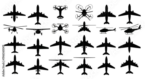 Silhouettes of airplanes, drones, and helicopters in formation. Perfect for aviation company ads, travel brochures, and militarythemed designs.