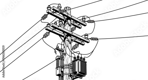 Detailed Line Art of a Utility Pole with Transformers and Wires.
