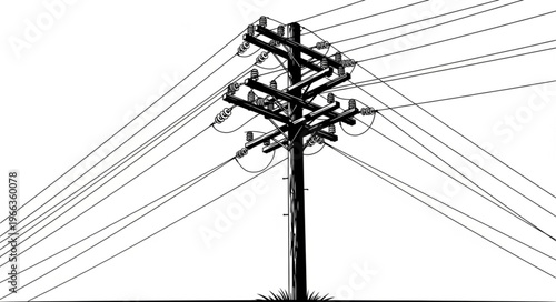 Detailed Illustration of a Power Line Pole with Numerous Wires.