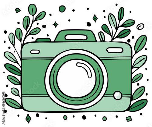 Green camera surrounded by decorative leaves and organic shapes symbolizing nature photography