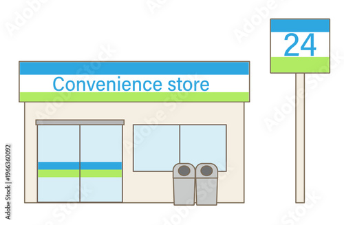 青・白・緑の縞模様の看板が特徴的なコンビニエンスストアに、24時間営業のサインが付いたシンプルなフラットイラスト