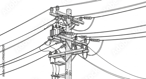 Detailed Line Art of a Utility Pole with Power Lines.