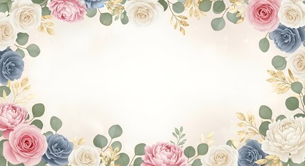 A beautiful floral border with pink, blue, and white roses on a soft, creamy background