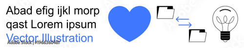 Collaboration, creativity, file sharing, communication, teamwork, and innovation. Blue heart with file folders exchanging data, next to a light bulb. Collaboration and creativity concept