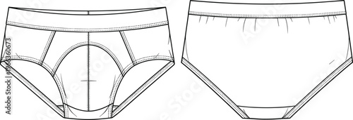 men underwear briefs template, male underpants front and back view, fashion apparel outline design isolated white background