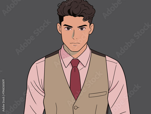 Man in a vest and tie stands confidently against a gray background during a digital artwork session