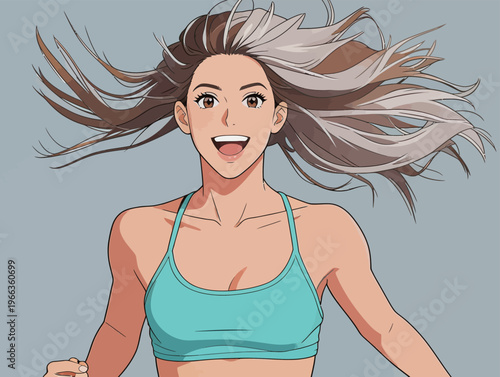 Young woman runs with joy in a workout outfit in a simple setting during daylight to show energy and movement