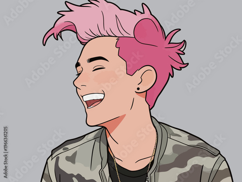 Young person with pink hair laughing in a casual outfit against a gray background during a fun moment