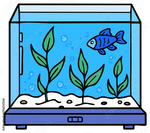 Fish Tank with Underwater Plants and Bubbles, Simple Cartoon Style Illustration