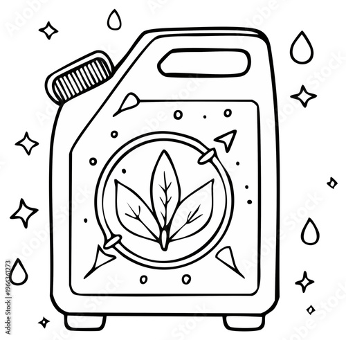 Illustration of environmentally friendly engine oil with a recycle symbol and leaves on a canister showing sustainability