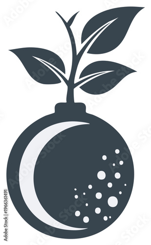 Growth from a sphere with moon and bubbles in simplistic vector design, reflecting resilience and new beginnings.