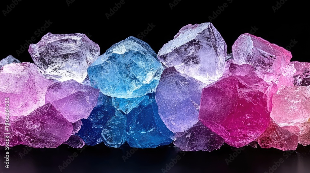Fototapeta premium Colorful crystal stone rock formation against a dark background studio shot