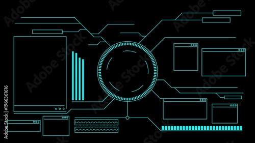 Futuristic 4K animation of digital scanning, data analysis, and target inspection in a high-tech HUD interface